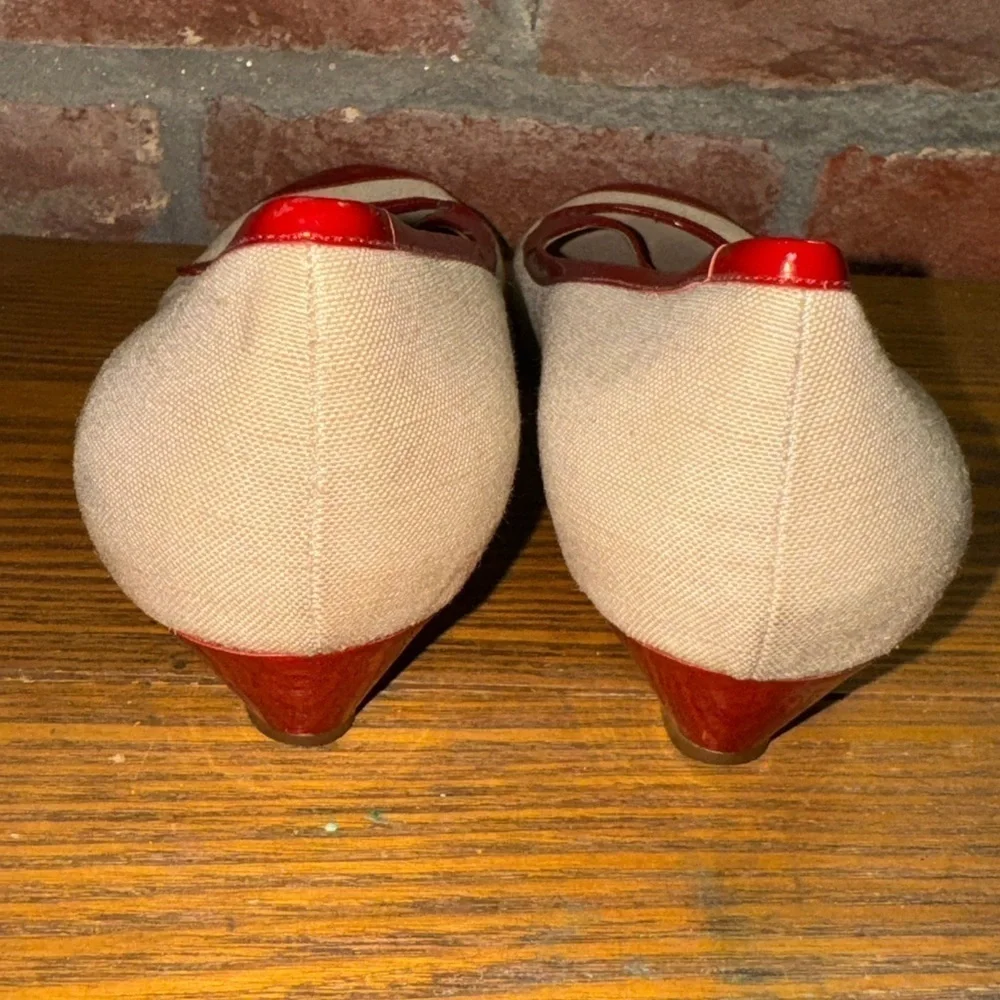 Cole Haan Women's Mary Jane Shoe Red Patent Tan Beige Linen Low Wedge Size 11B - Picture 6 of 10